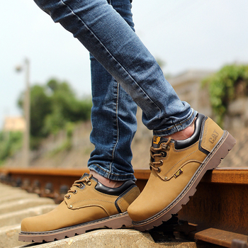 Мъжки кожени работни обувки, кръгъл пръст, дишащи, противохлъзгащи, нисък клин 1–3 см