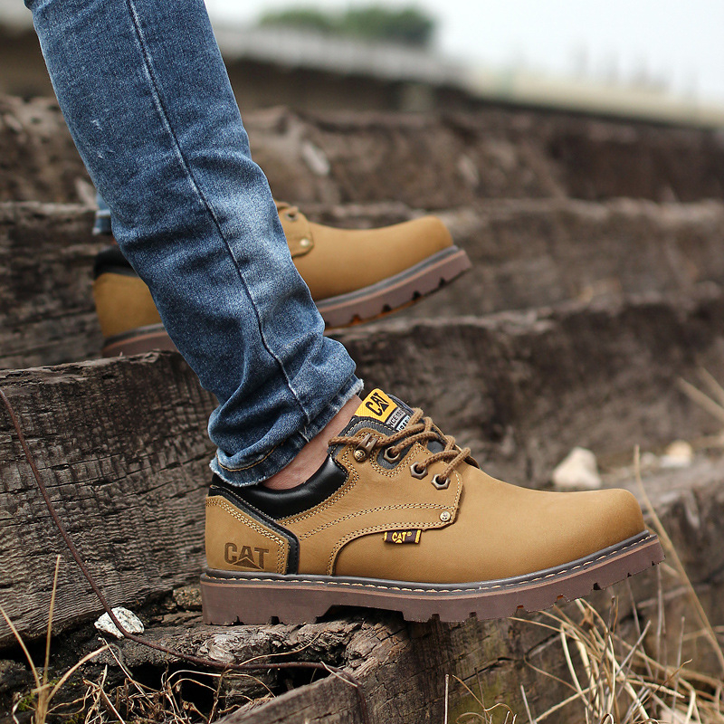 Мъжки кожени работни обувки, кръгъл пръст, дишащи, противохлъзгащи, нисък клин 1–3 см