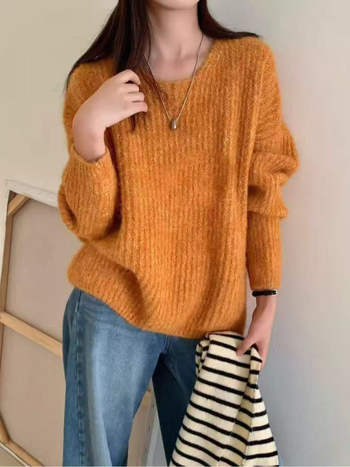 Pleteni pulover s cvjetnom vezenom u korejskom stilu za žene, okrugli izrez, dugi rukavi, debeli mekani pleteni materijal