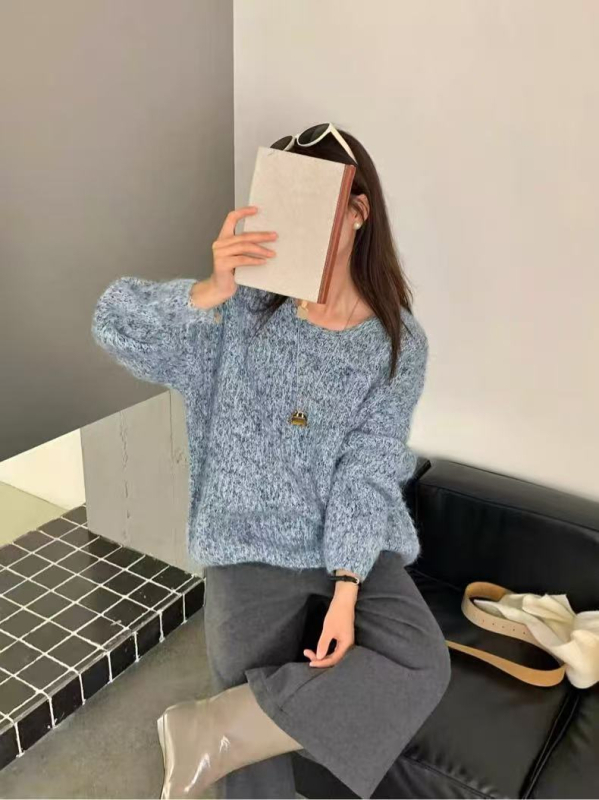 Pleteni pulover s cvjetnom vezenom u korejskom stilu za žene, okrugli izrez, dugi rukavi, debeli mekani pleteni materijal