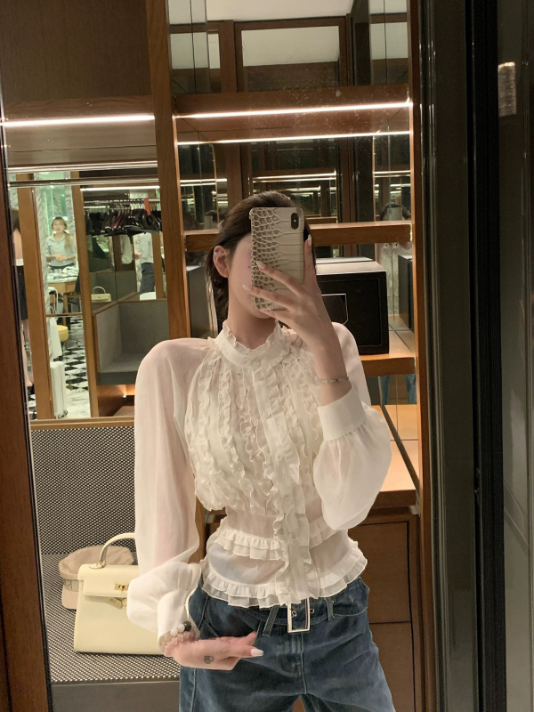 Модална риза с абстрактен принт, наклонени рамена, стойкова яка, A-line силует