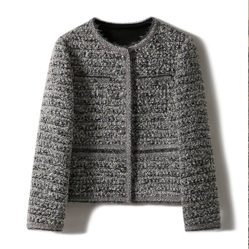 Ženska kratka tweed jakna, patchwork karirani uzorak, poliester tkanina, slobodan kroj, okrugli izrez