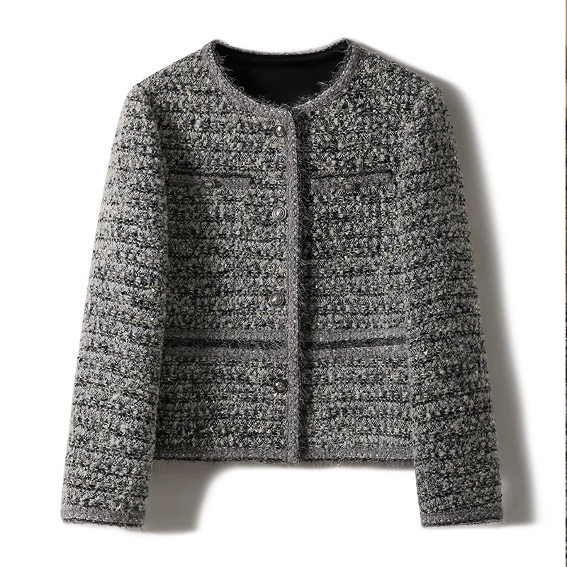 Ženska kratka tweed jakna, patchwork karirani uzorak, poliester tkanina, slobodan kroj, okrugli izrez