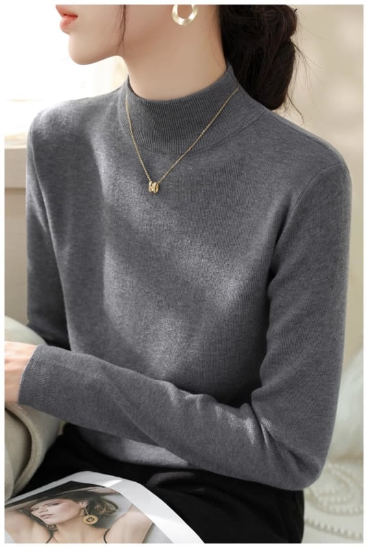 Дамски пуловер от полиестер с полувисока яка, дълги ръкави, стегнат силует, плътен плет (полувисока яка; дълги ръкави; стегнат силует; плътен плет; полиестер)