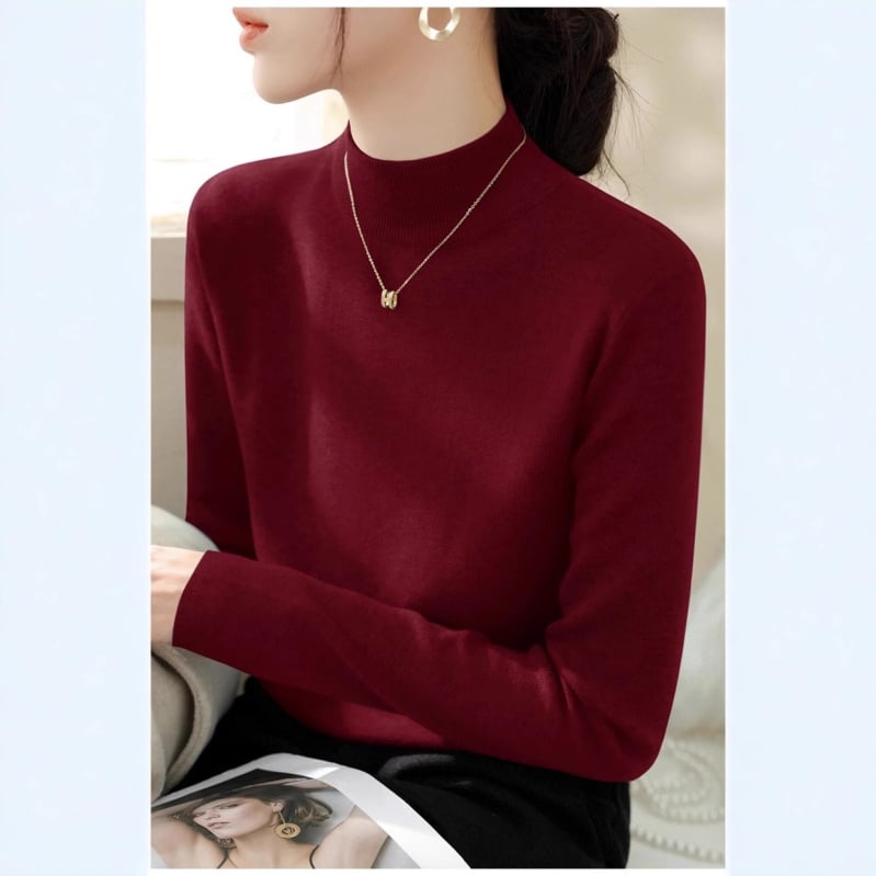 Дамски пуловер от полиестер с полувисока яка, дълги ръкави, стегнат силует, плътен плет (полувисока яка; дълги ръкави; стегнат силует; плътен плет; полиестер)