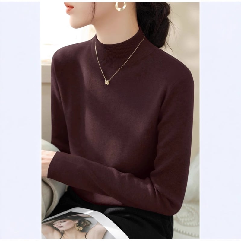 Дамски пуловер от полиестер с полувисока яка, дълги ръкави, стегнат силует, плътен плет (полувисока яка; дълги ръкави; стегнат силует; плътен плет; полиестер)