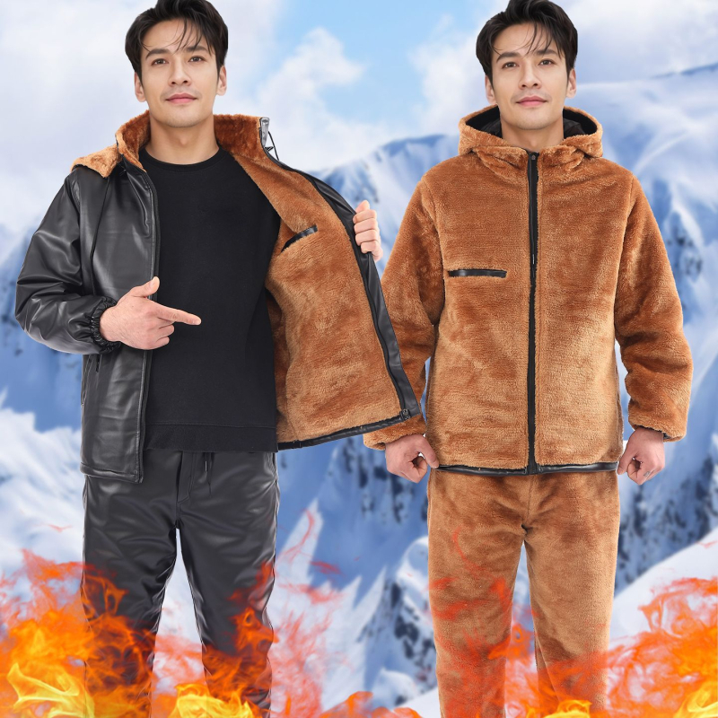 Bőrkabát és nadrág szett fleece béléssel, szélálló, vízálló, olajálló, meleg, motoros kiszállításra és munkaruházathoz