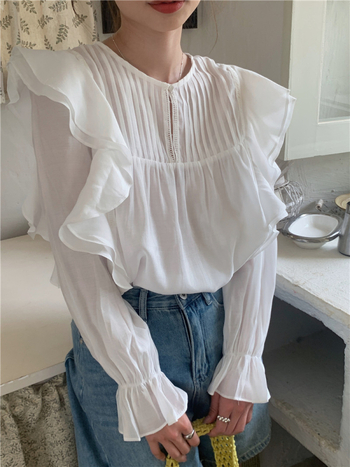 Šifon bluza s volanom oko okruglog izreza, dugi rukavi, slobodan kroj, korejski ležerni stil