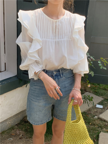 Šifon bluza s volanom oko okruglog izreza, dugi rukavi, slobodan kroj, korejski ležerni stil