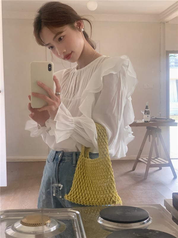 Šifon bluza s volanom oko okruglog izreza, dugi rukavi, slobodan kroj, korejski ležerni stil