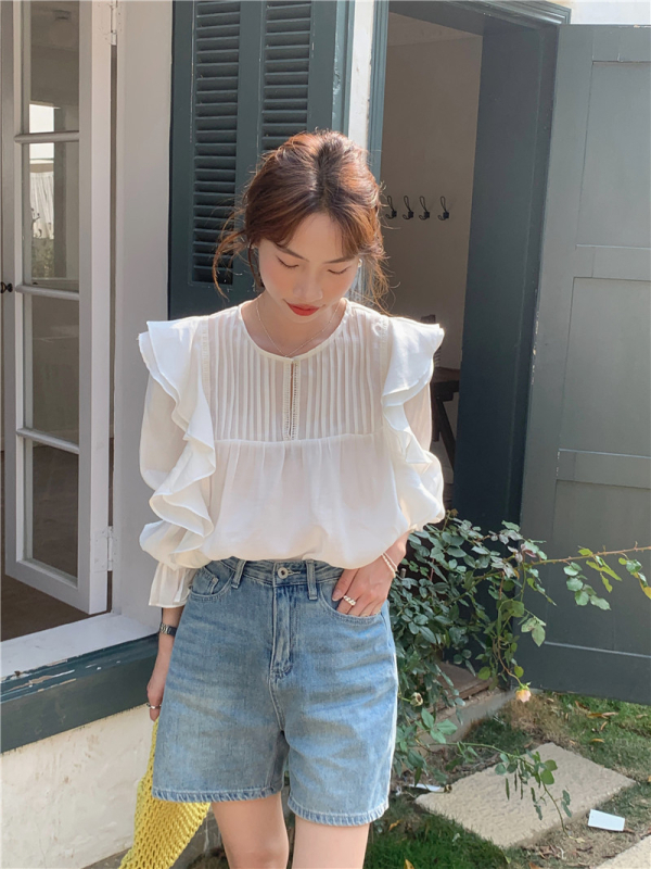 Šifon bluza s volanom oko okruglog izreza, dugi rukavi, slobodan kroj, korejski ležerni stil