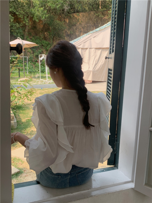 Šifon bluza s volanom oko okruglog izreza, dugi rukavi, slobodan kroj, korejski ležerni stil