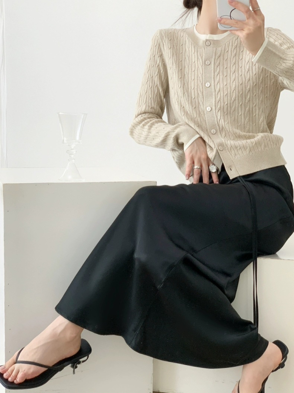 Vuneni pulover s kabelnom pleteninom, lažni dvodijelni set, okrugli V izrez, dugi rukavi, elegantan gradski stil