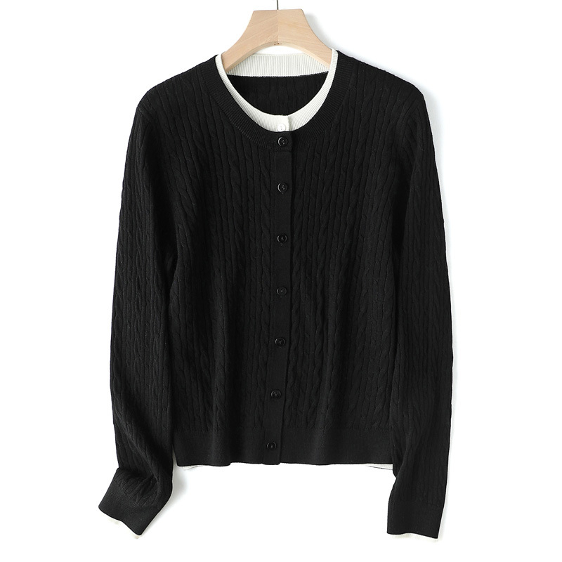 Vuneni pulover s kabelnom pleteninom, lažni dvodijelni set, okrugli V izrez, dugi rukavi, elegantan gradski stil