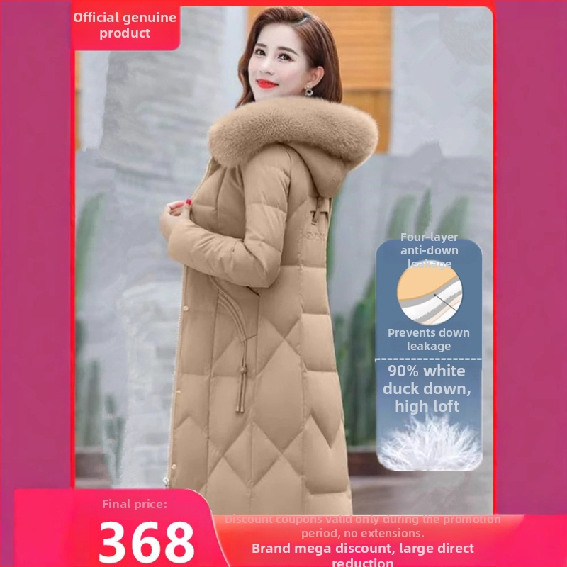 Ženska jakna s perjem od pačjih perja, dugi kroj, kapuljača, tkanina mliječne svile, punjenje 351–400 g