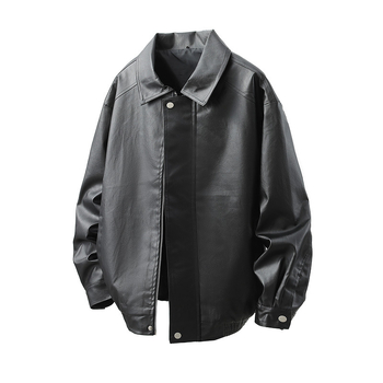 PU leather jacket za muškarce, slobodan kroj, rever ovratnik, zatvarač, bočni džepovi