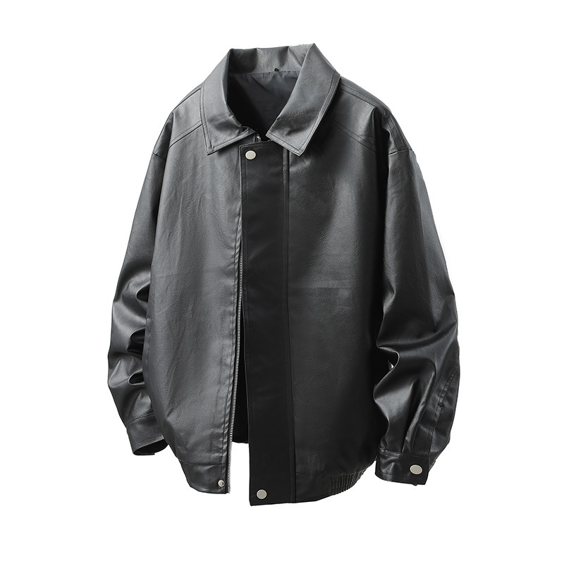 PU leather jacket za muškarce, slobodan kroj, rever ovratnik, zatvarač, bočni džepovi