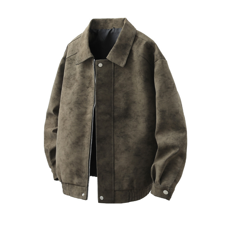 PU leather jacket za muškarce, slobodan kroj, rever ovratnik, zatvarač, bočni džepovi