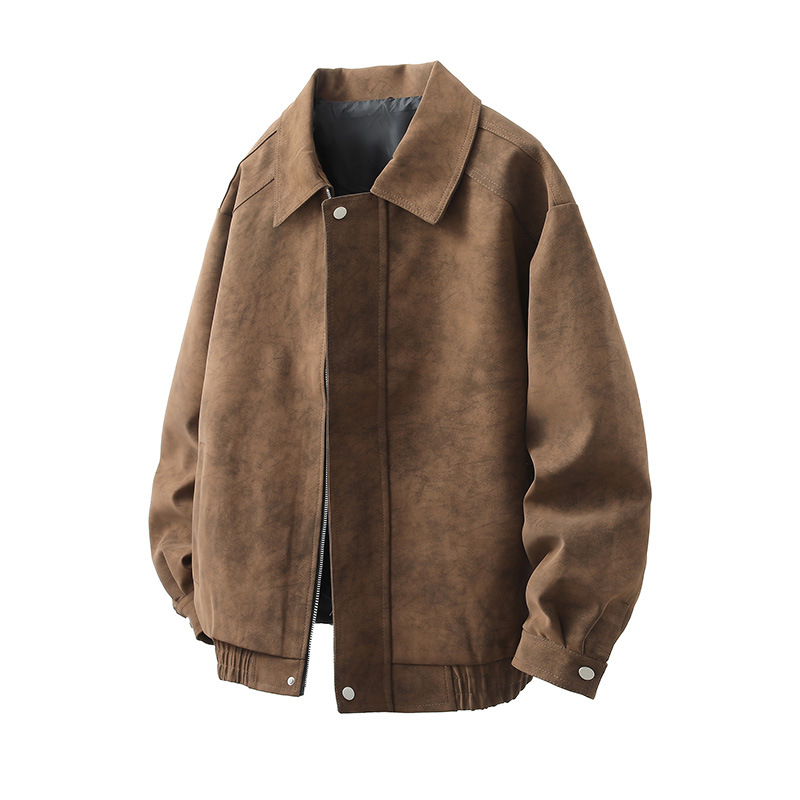 PU leather jacket za muškarce, slobodan kroj, rever ovratnik, zatvarač, bočni džepovi