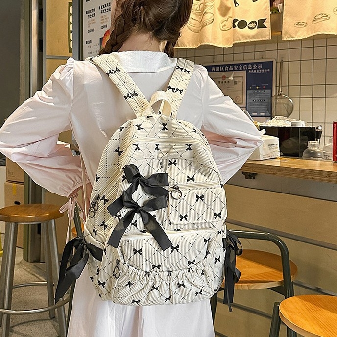 Školska torba u japanskom stilu Ins s mašnicom, baršunasta tkanina, velika kapaciteta, naramenice s zrčnim jastučićem, poliester podstava