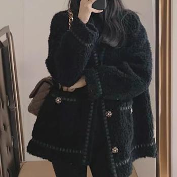 Ženski kaput od ovčje vune, korejski stil Chanel-inspired, opuštena silueta, V-izrez, single-breasted
