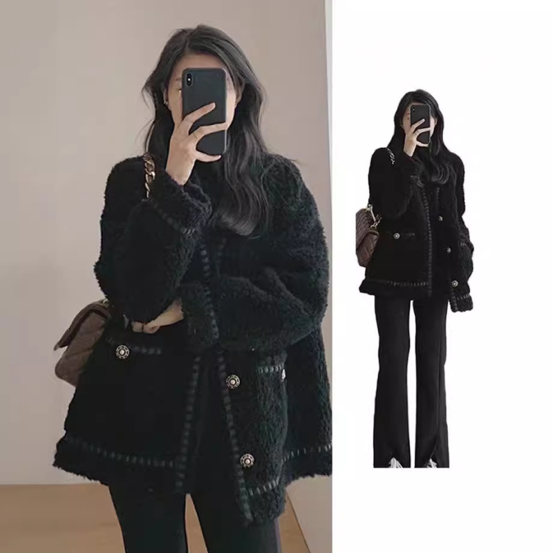 Ženski kaput od ovčje vune, korejski stil Chanel-inspired, opuštena silueta, V-izrez, single-breasted