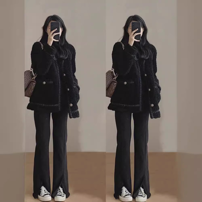 Ženski kaput od ovčje vune, korejski stil Chanel-inspired, opuštena silueta, V-izrez, single-breasted