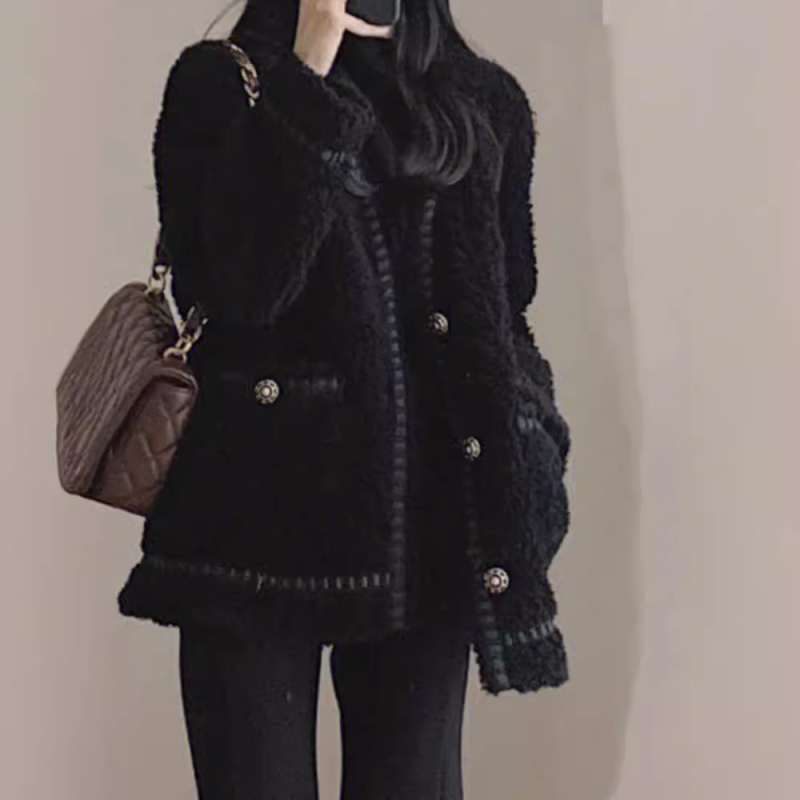 Ženski kaput od ovčje vune, korejski stil Chanel-inspired, opuštena silueta, V-izrez, single-breasted