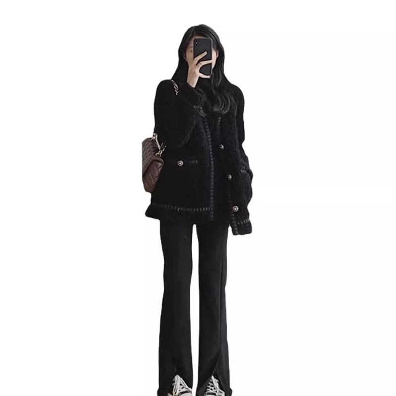 Ženski kaput od ovčje vune, korejski stil Chanel-inspired, opuštena silueta, V-izrez, single-breasted