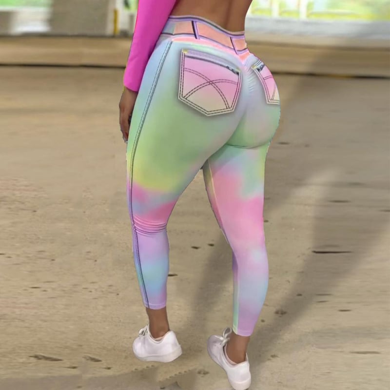 Leggings s imitacijom traperice, tie-dye 3D uzorak, poliester, kratka duljina, uski kroj