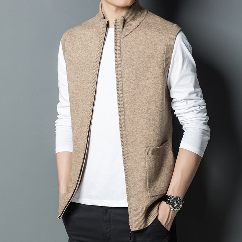 Kötött férfi mellény ujj nélküli - gyapjú 36–40%, álló gallér, tavasz–ősz
