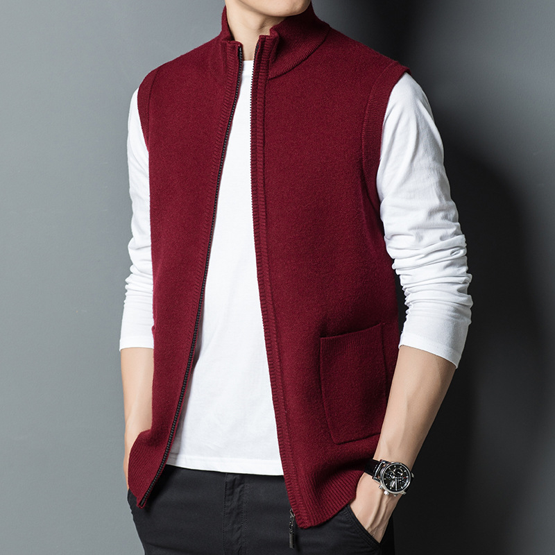 Kötött férfi mellény ujj nélküli - gyapjú 36–40%, álló gallér, tavasz–ősz