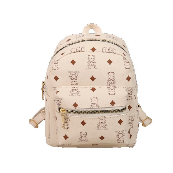 Ženski ruksak s motivom medvjeda, gradski stil, PU materijal, proljeće 2025, zatvaranje na zip, ruksak s poklopcem