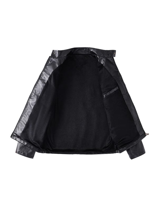 PU kožna jakna s fleece podstavom, vodootporna, stojeći ovratnik, zatvarač, izšivene epolete i patch džepovi – street moto jakna