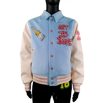 Téli tömött baseball dzseki PU bőr ujjakkal és hímzéssel, streetwear stílus, gallér, egyszerű záródás, bélés 100% pamut