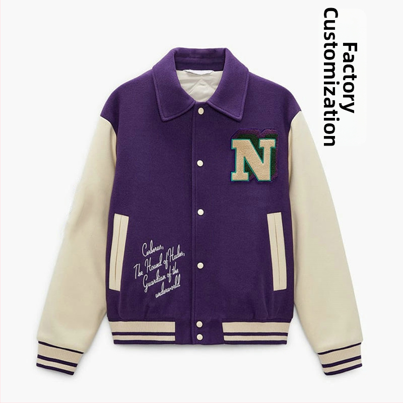 Zimná prešívaná baseball bunda s PU koženými rukávmi a vyšívaným nápisom, streetwear štýl, golier s klopou, jednoduché zapínanie, podšívka 100% bavlna