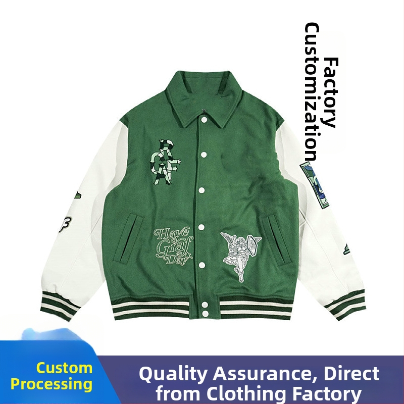 Téli tömött baseball dzseki PU bőr ujjakkal és hímzéssel, streetwear stílus, gallér, egyszerű záródás, bélés 100% pamut