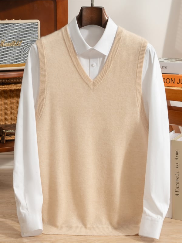 Férfi kasmír ujjatlan mellény álló gallérral, egy sor gombbal záródó, lazább szabású, 30-35% kasmír