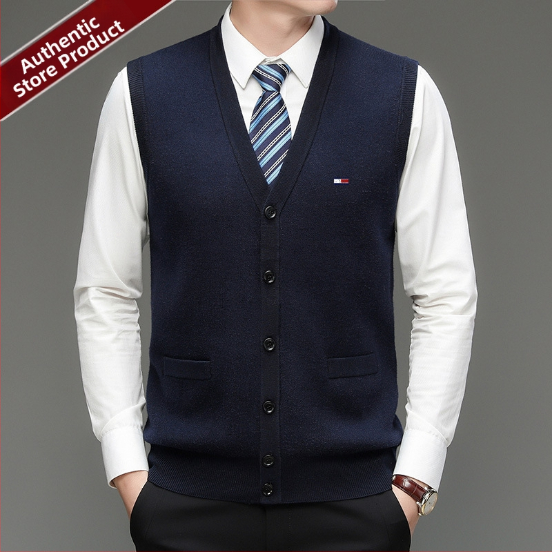 Мъжки кардиган от 100% вълна, V-образно деколте, без яка, едноредово закопчаване