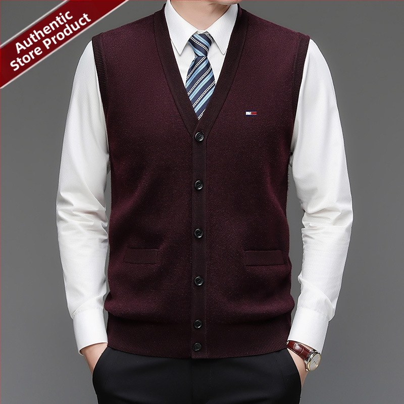 Мъжки кардиган от 100% вълна, V-образно деколте, без яка, едноредово закопчаване