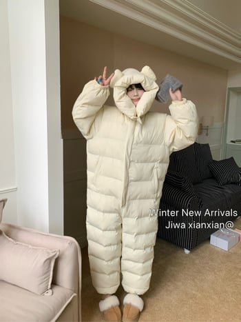 Дамски памучен гащеризон с качулка за зима 2025, меча-мотив, свободен силует, дълги ръкави, цип отпред