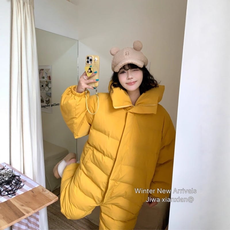 Дамски памучен гащеризон с качулка за зима 2025, меча-мотив, свободен силует, дълги ръкави, цип отпред