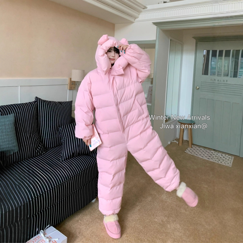 Дамски памучен гащеризон с качулка за зима 2025, меча-мотив, свободен силует, дълги ръкави, цип отпред