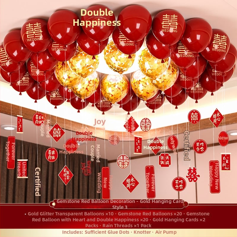 Esküvői léggömb szett alumíniumfóliából, kör alakú formájú balonokkal és a Double Happiness felirattal (Brand: Other; Balloon type: Toy balloon; Shape: Round; Material: Aluminum foil)