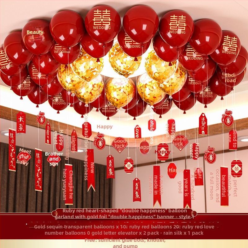 Esküvői léggömb szett alumíniumfóliából, kör alakú formájú balonokkal és a Double Happiness felirattal (Brand: Other; Balloon type: Toy balloon; Shape: Round; Material: Aluminum foil)