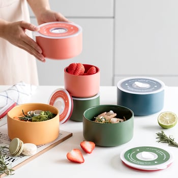 Keramička kutija za ručak, mikrovalna, okrugla, dvostruka, zatvorena, 301–500 ml