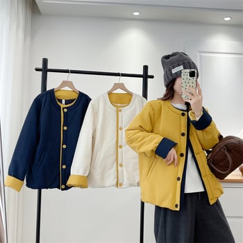 Памучно-полиестрово яке, есенно-зимно 2025, корейски стил, кръгло деколте, дълги ръкави