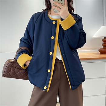 Памучно-полиестрово яке, есенно-зимно 2025, корейски стил, кръгло деколте, дълги ръкави