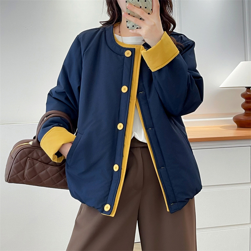 Памучно-полиестрово яке, есенно-зимно 2025, корейски стил, кръгло деколте, дълги ръкави