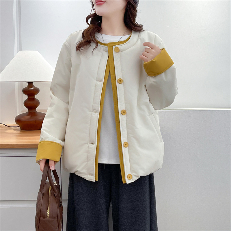 Памучно-полиестрово яке, есенно-зимно 2025, корейски стил, кръгло деколте, дълги ръкави